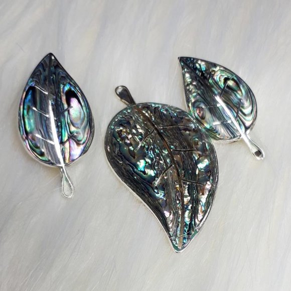 Mexican 925 Sterling Silver Pre-Eagle Abalone Leaf Brooch and Earrings - Picture 4 of 4